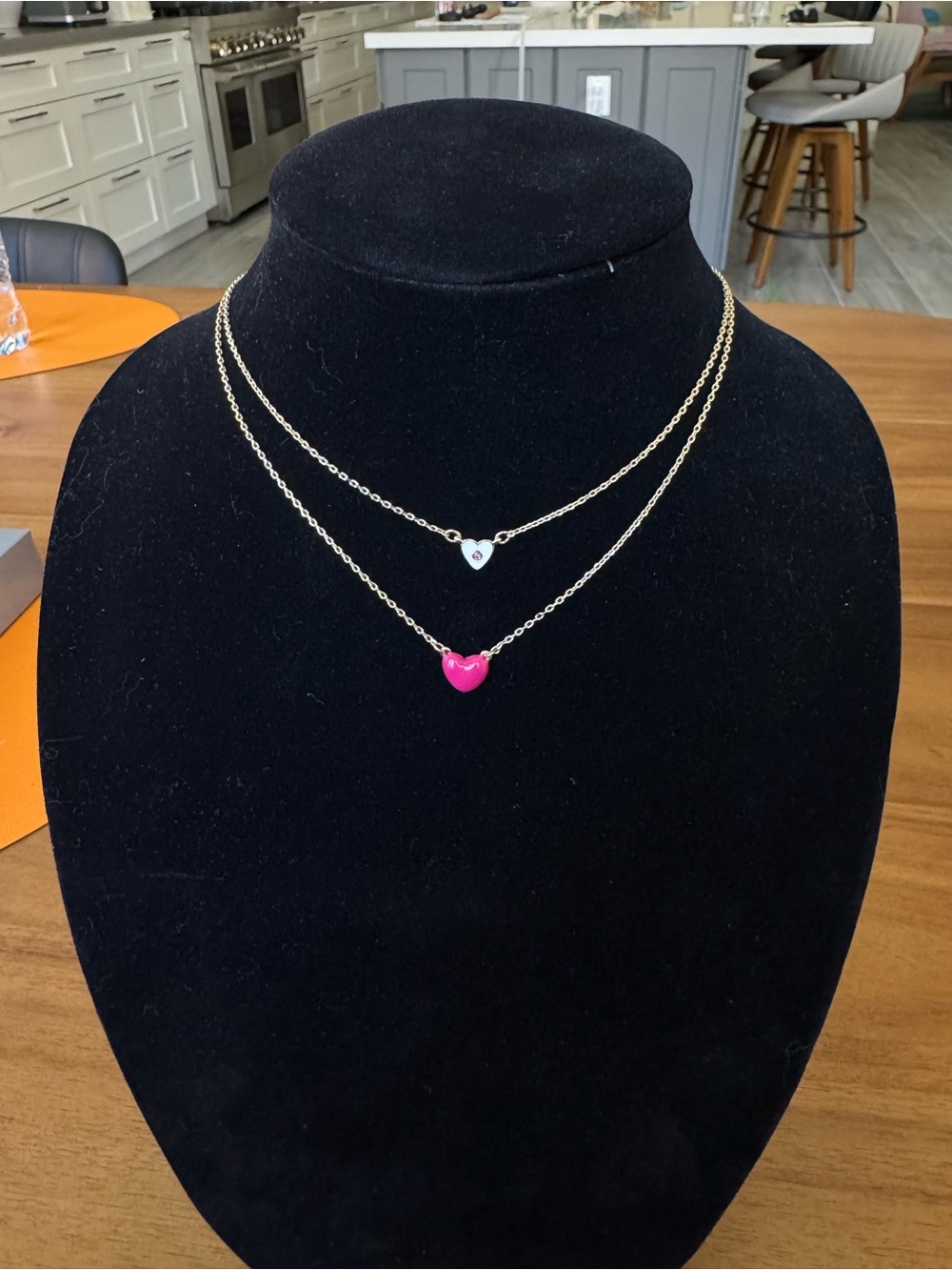 LOFT Gold Double-Layer Heart Necklace with Pink and White Hearts